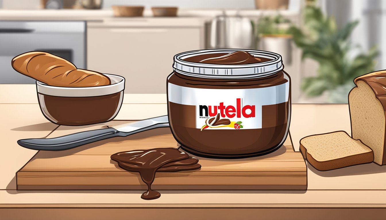 A jar of Nutella sits on a kitchen counter, surrounded by a spreader and a loaf of bread. The lid is off, revealing the creamy chocolate spread inside