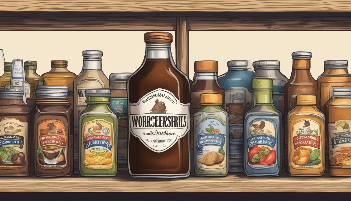 A bottle of worcestershire sauce sits on a shelf, surrounded by other condiments. The label is clean and intact, and the bottle is sealed with a cap