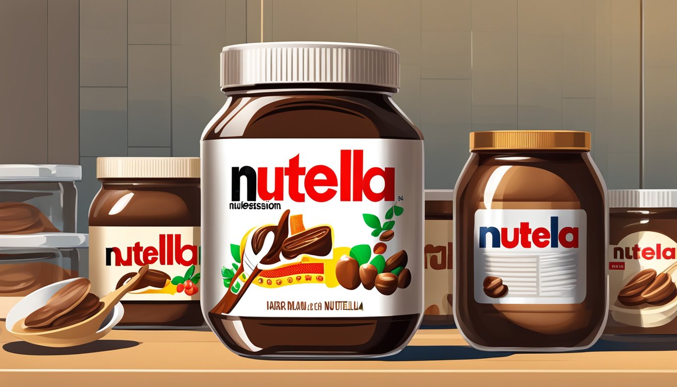 A jar of Nutella is stored in a cool, dry pantry, away from direct sunlight and heat sources