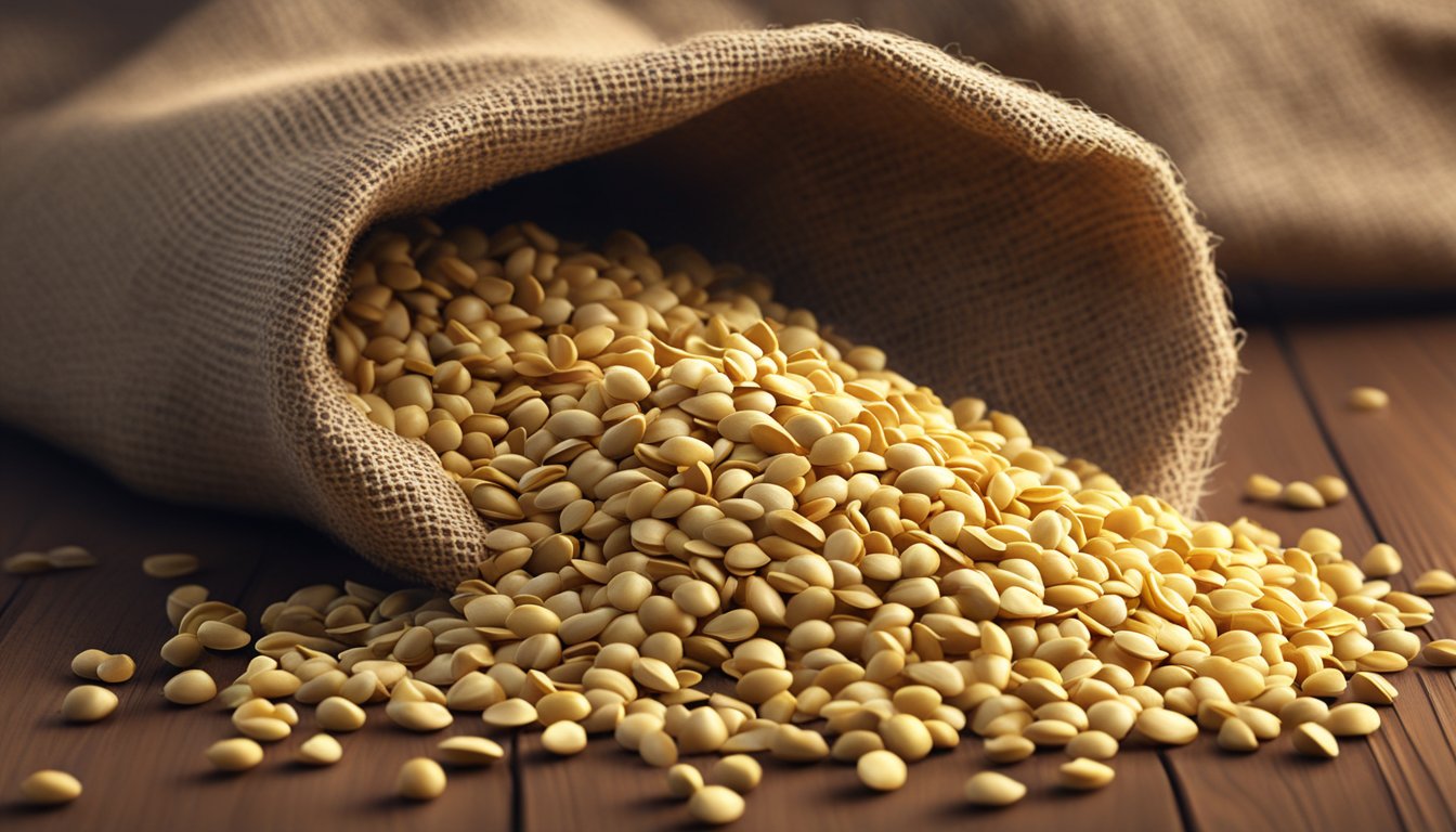 A pile of fenugreek seeds spilling out of a torn burlap sack, scattered across a wooden table