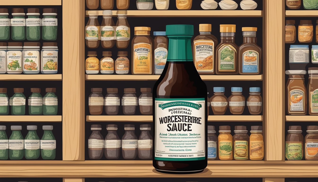 A bottle of worcestershire sauce with a moldy and discolored label, sitting in a pantry next to expired condiments