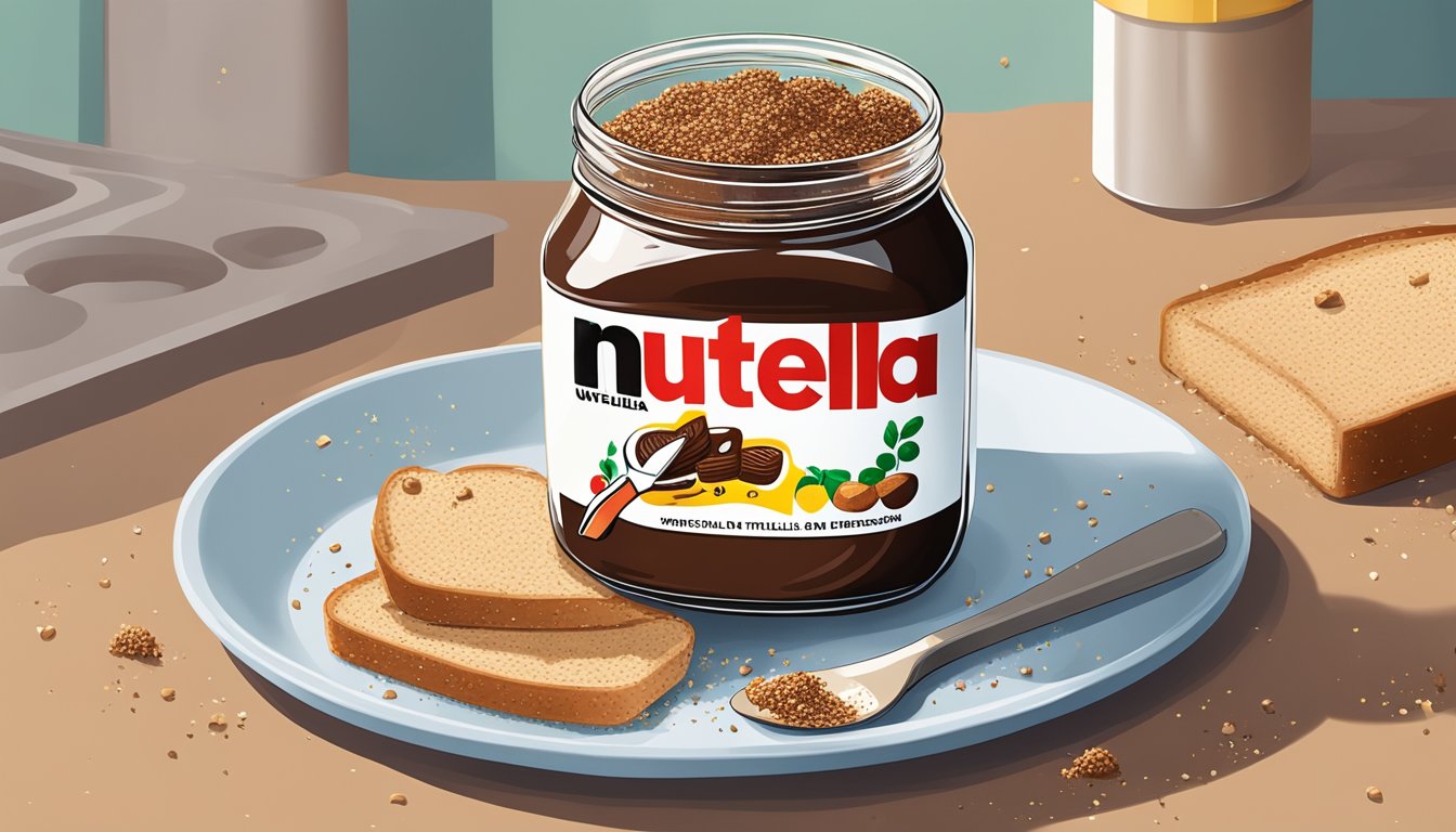 A jar of Nutella sits open on a kitchen counter, surrounded by empty bread crumbs and a foul smell emanating from the spread