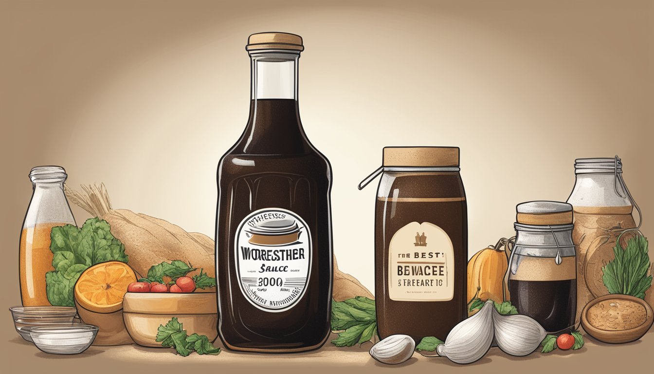 A bottle of worcestershire sauce with a "best by" date on the label, surrounded by various food items and a thermometer to indicate temperature control