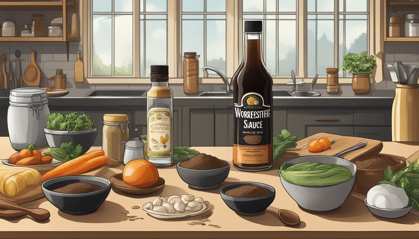 A bottle of worcestershire sauce sits on a kitchen counter, surrounded by various cooking ingredients and utensils