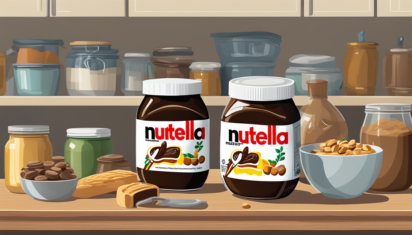 A jar of Nutella sits on a kitchen counter, surrounded by various pantry items. The label on the jar indicates the expiration date