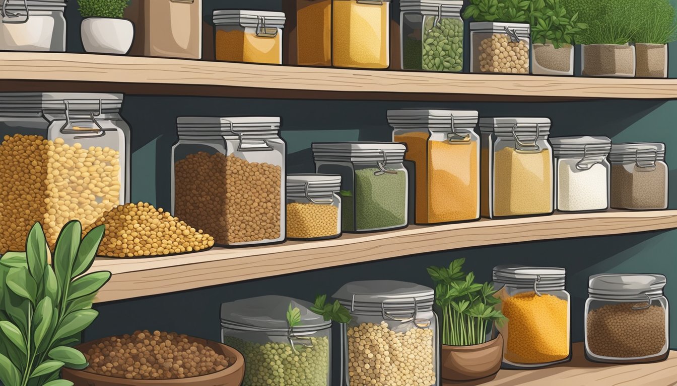 A packet of fenugreek seeds sits on a shelf, surrounded by other spices and herbs in a well-organized pantry