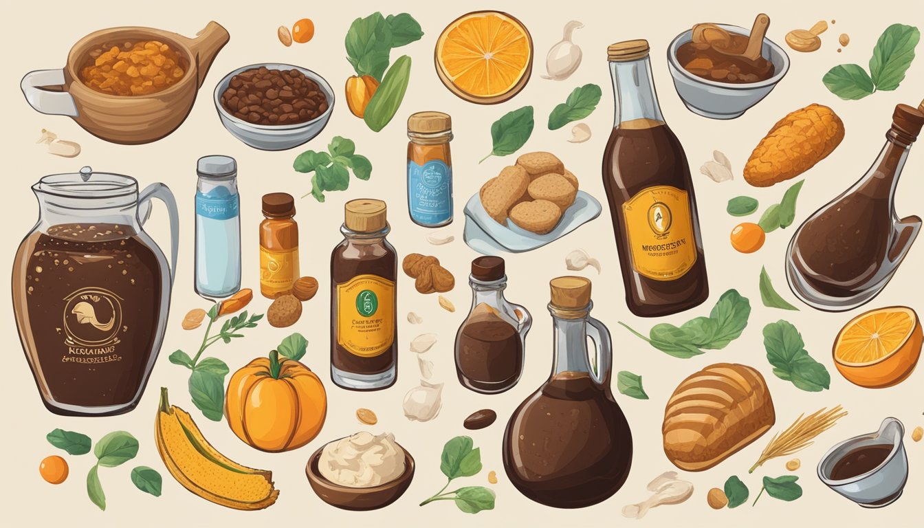 An open bottle of worcestershire sauce surrounded by various food items, with a question mark hovering above it