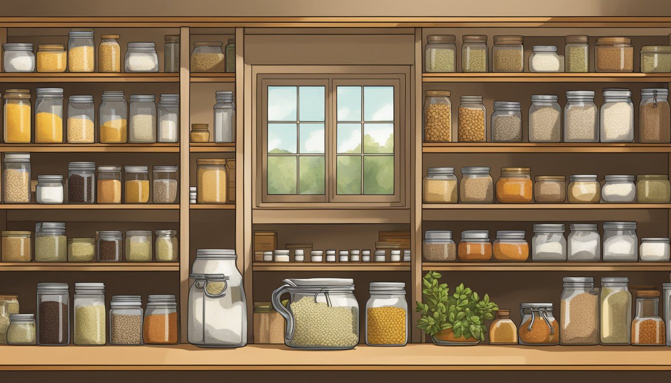 A jar of fenugreek seeds sits on a well-organized shelf, surrounded by other neatly labeled spices and herbs. The room is filled with natural light, creating a warm and inviting atmosphere