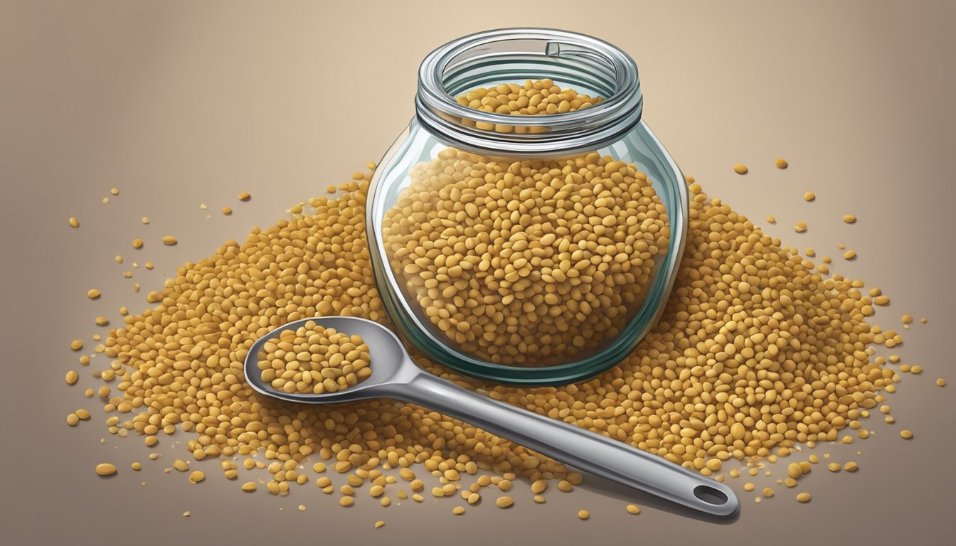 A jar of fenugreek seeds spilling out onto a kitchen counter, with various cooking utensils and spices scattered around