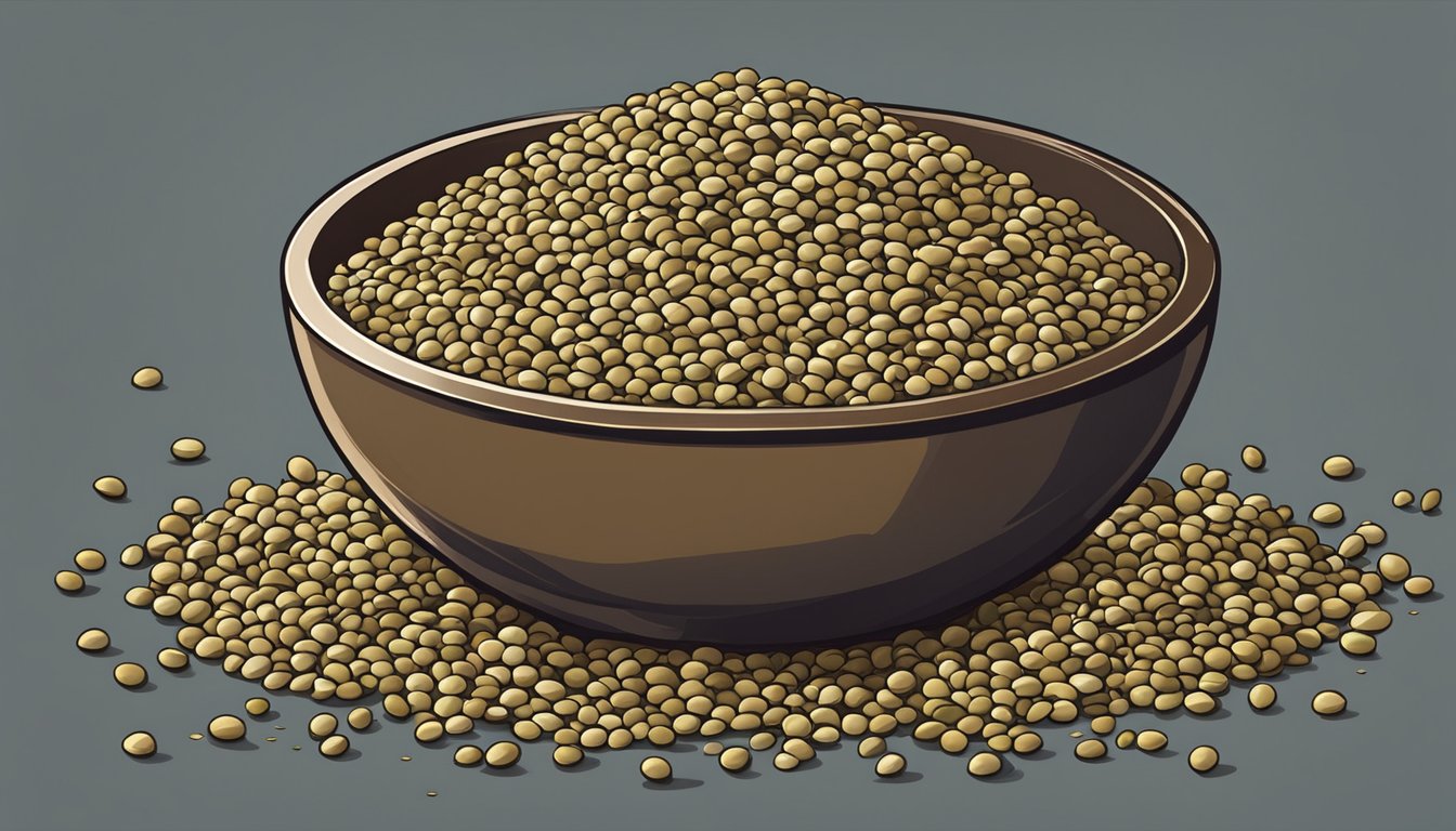 A pile of coriander seeds spilling out of a cracked, open container, with a few seeds scattered on the ground