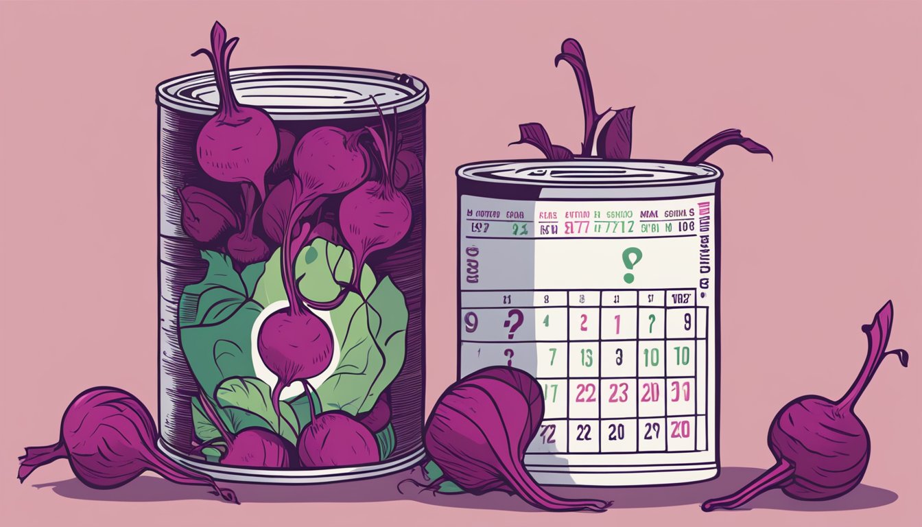 A can of beets surrounded by question marks and a calendar, with some beets spilling out to show they are spoiled