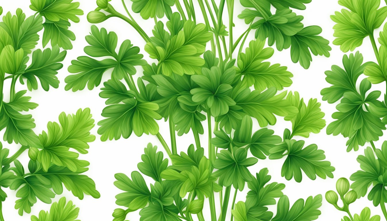 A bunch of vibrant green coriander plants with plump, fragrant seeds hanging from the stems