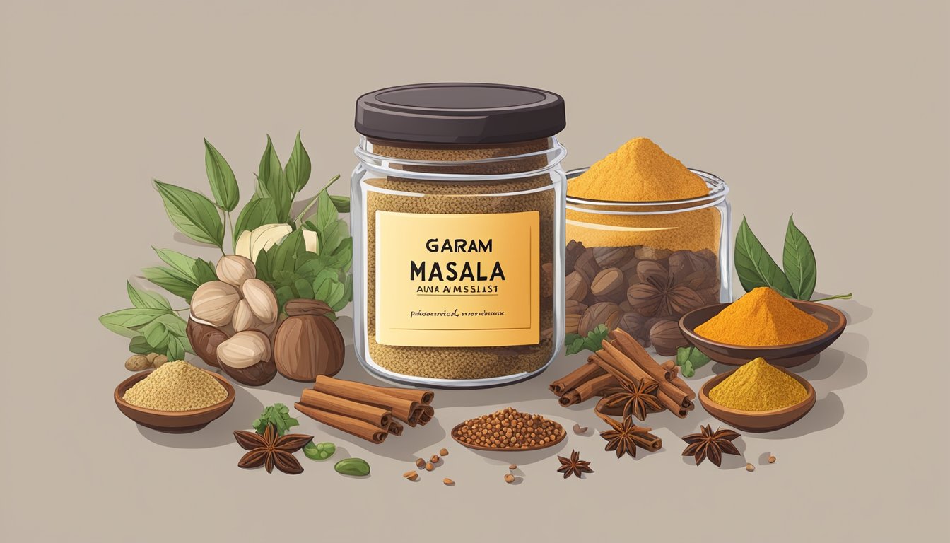 A jar of garam masala surrounded by various spices, with a date label indicating its freshness