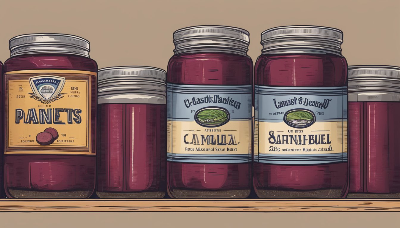 A pantry shelf with neatly arranged canned beets, some showing signs of rust and wear