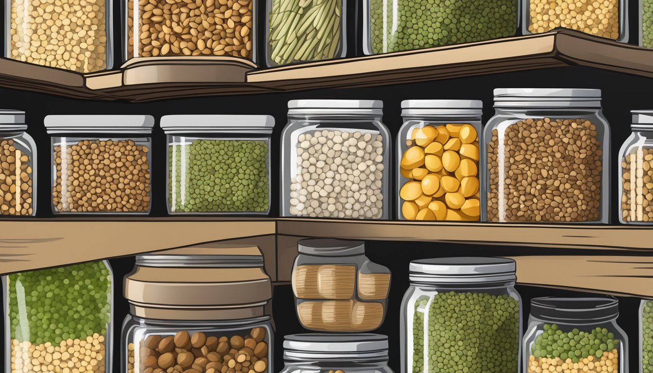 A pantry shelf with neatly organized jars of coriander seeds, some with labels, and a few spilled seeds on the surface