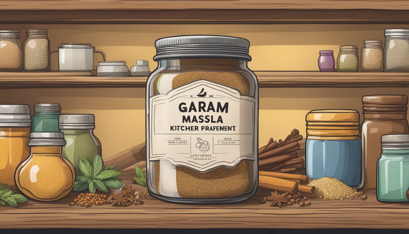 A jar of garam masala sits on a kitchen shelf, surrounded by other spices and condiments. The label is faded, indicating its age