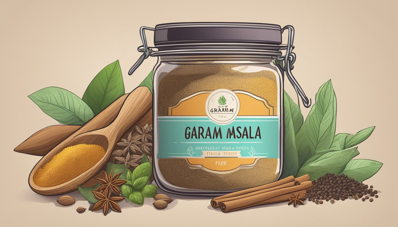 A jar of garam masala sits on a shelf, surrounded by various spices and herbs. The label is faded, but the contents inside remain vibrant and aromatic