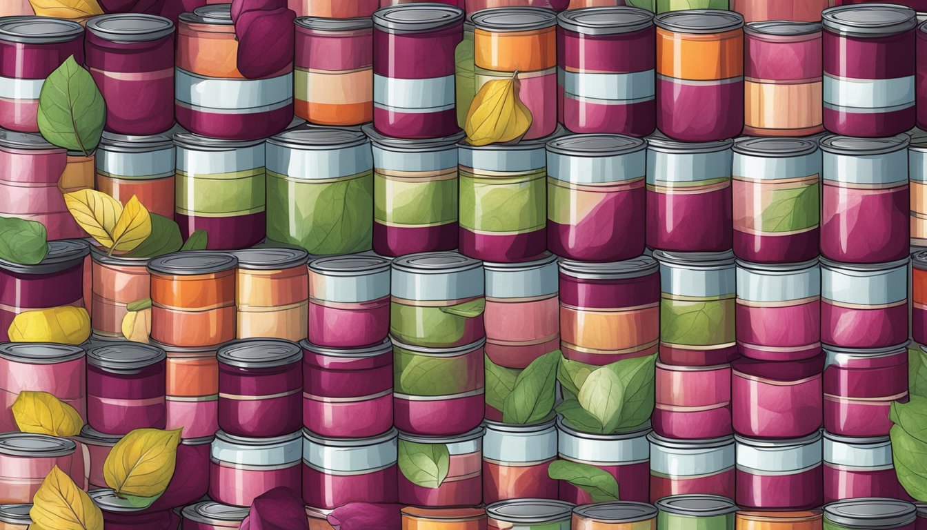 A pantry shelf with neatly organized rows of canned beets, some with colorful labels, others plain, all surrounded by a few fallen beet leaves