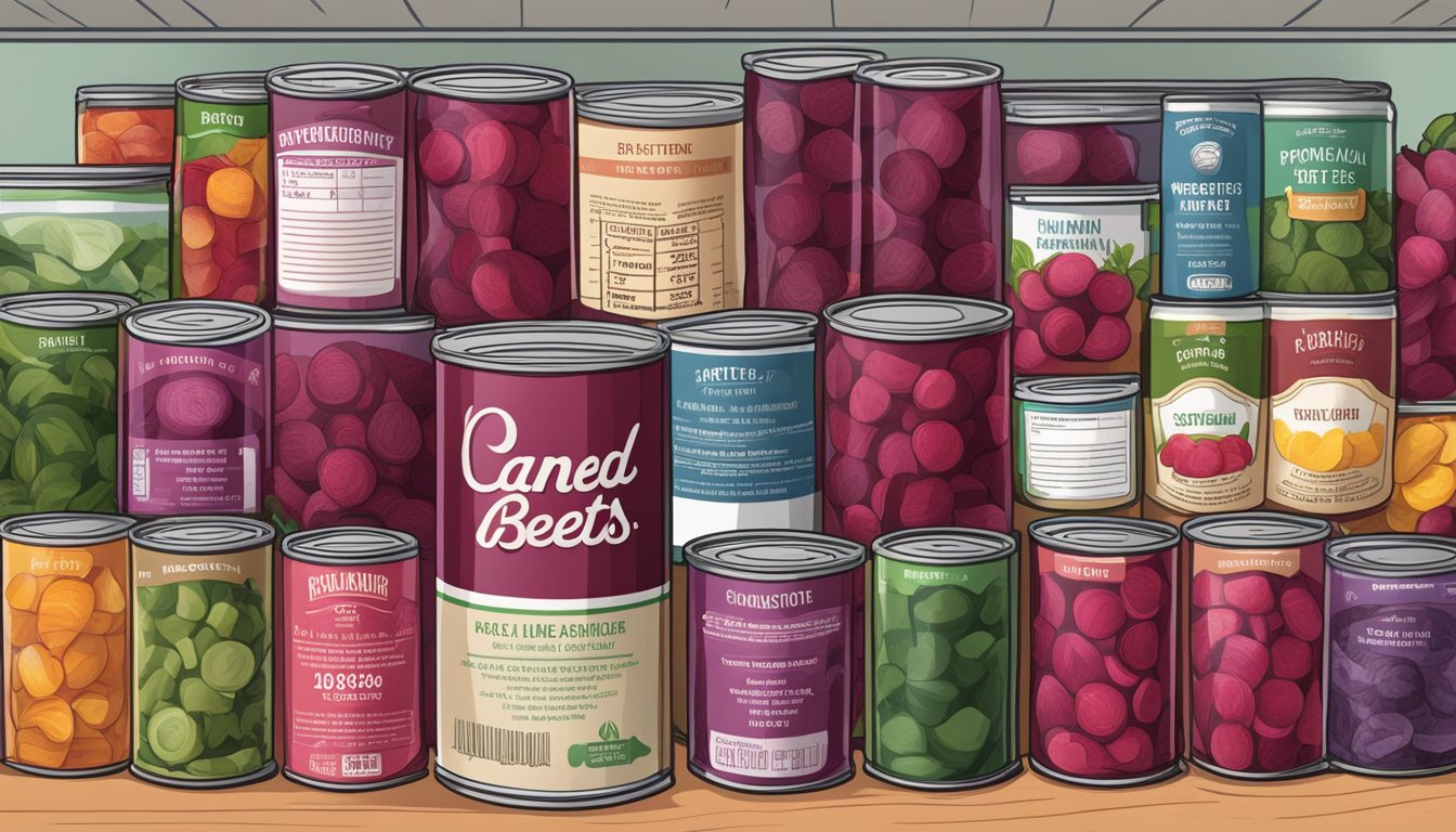 Canned beets in various forms, including whole, sliced, and diced, arranged in a pantry with expiration dates visible