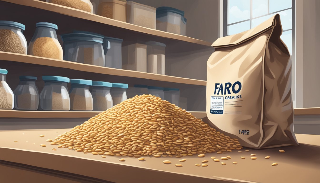 A bag of farro grains sits on a shelf, with a best-by date clearly visible. Nearby, a few grains have spilled onto the counter