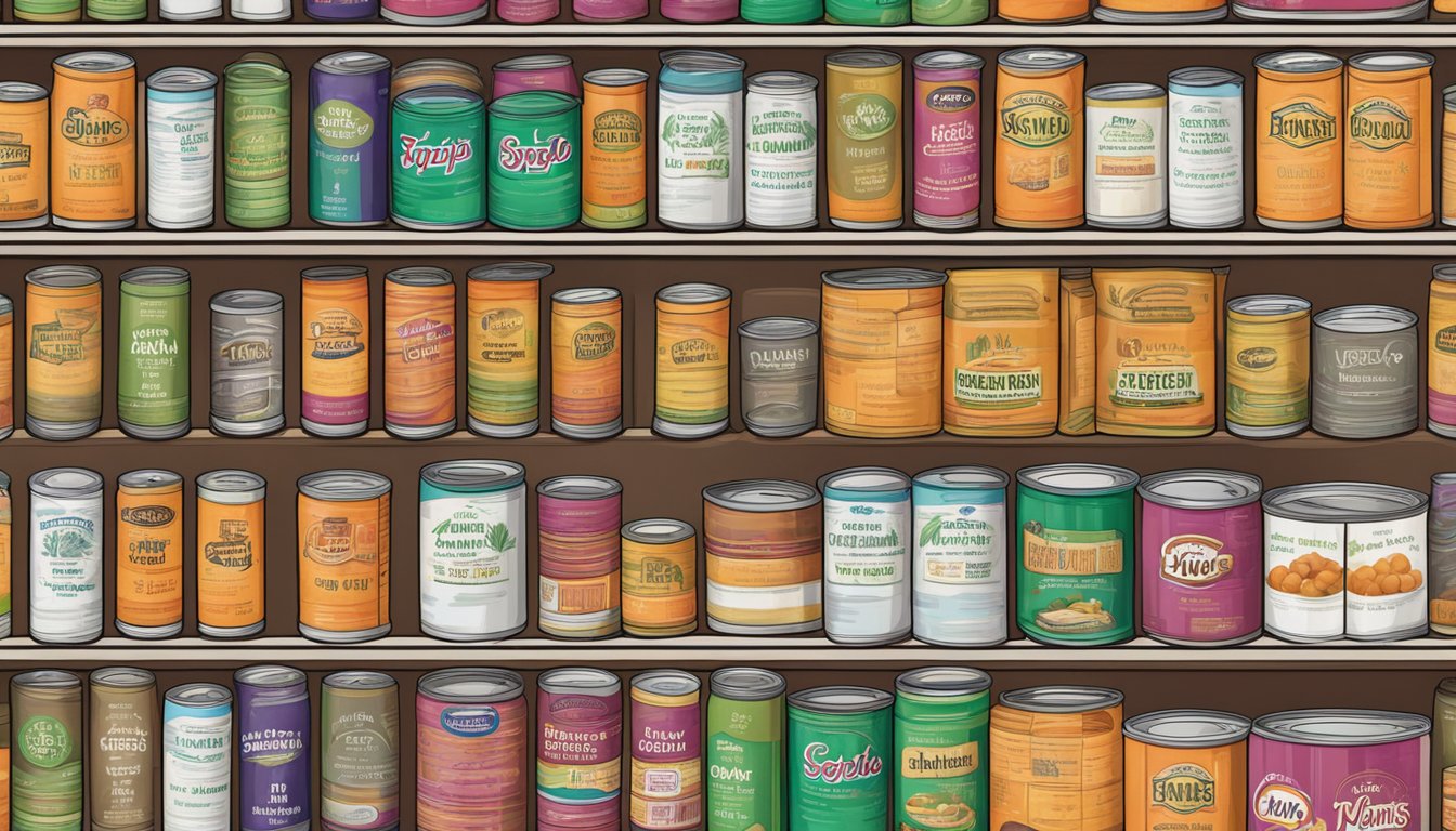 A pantry shelf with rows of canned yams, some with expiration dates visible