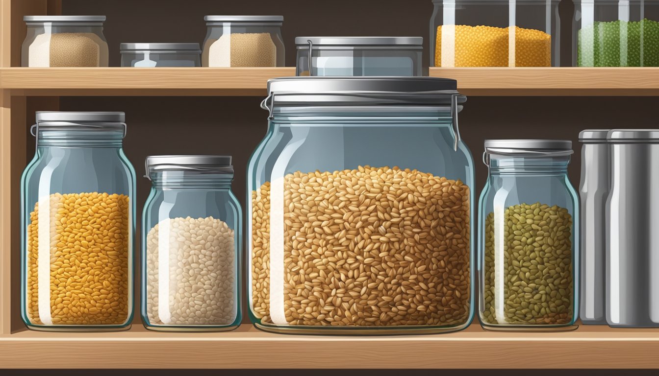 A glass jar filled with farro grains sits on a pantry shelf, sealed tightly with a metal lid to ensure proper storage