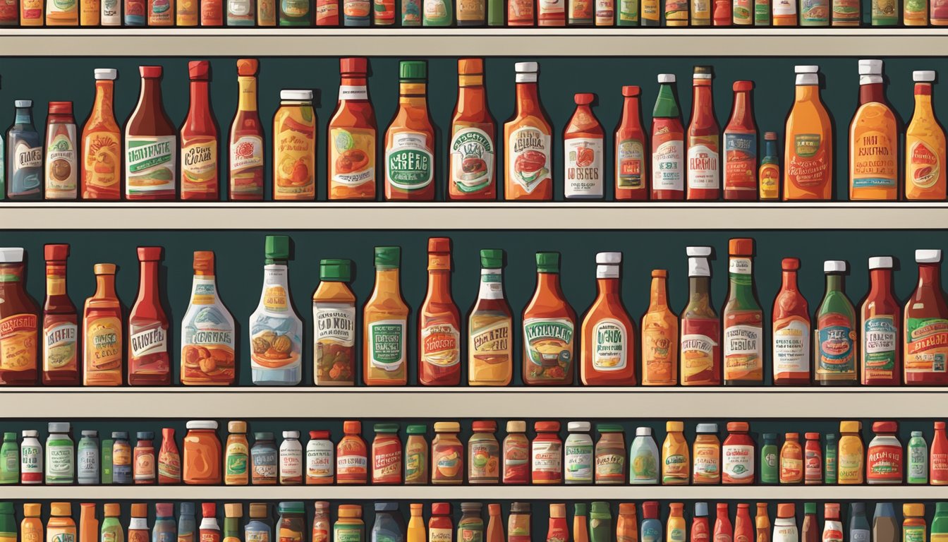 A shelf filled with various hot sauce bottles, some new and unopened, others with varying levels of use, all organized neatly with expiration dates visible