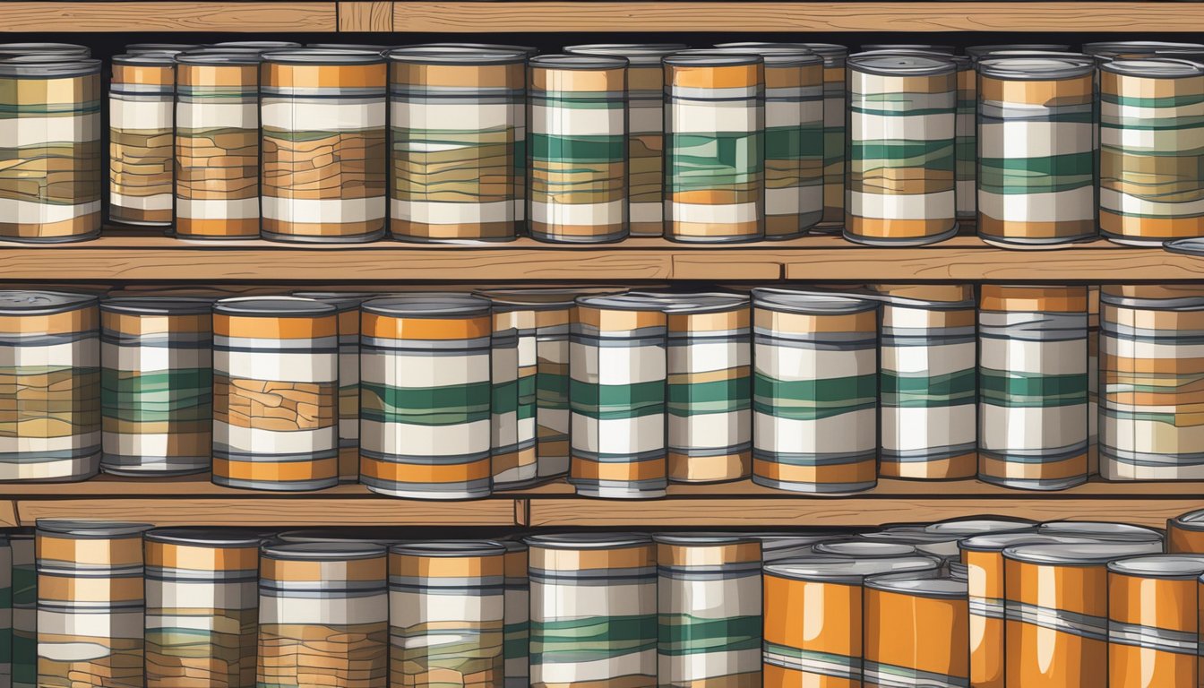 A pantry shelf with rows of canned yams, some showing expiration dates