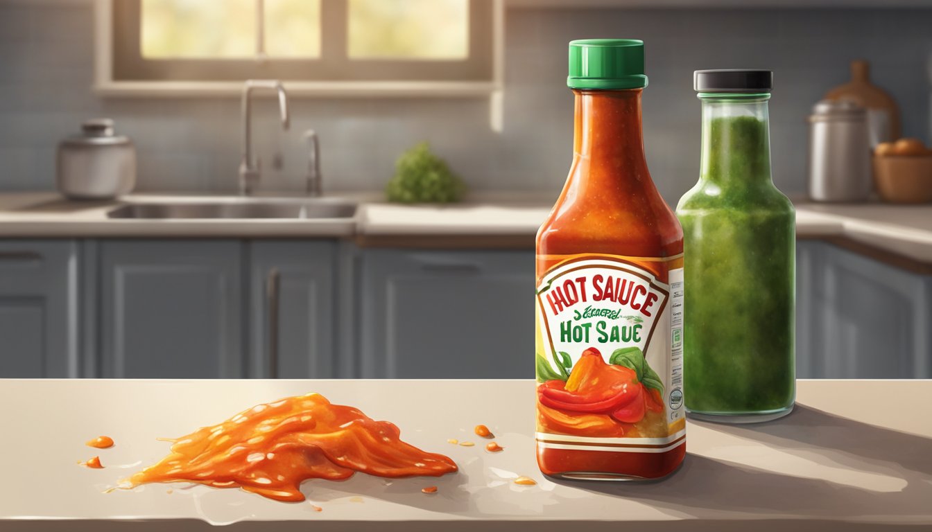 A bottle of hot sauce sits open and neglected on a kitchen counter, its contents spoiled and moldy, emitting a foul odor