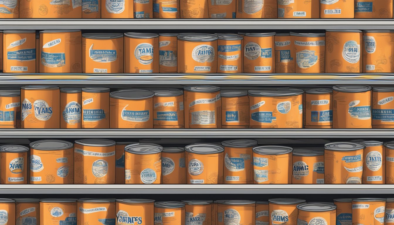 Canned yams on a shelf, with expiration date visible