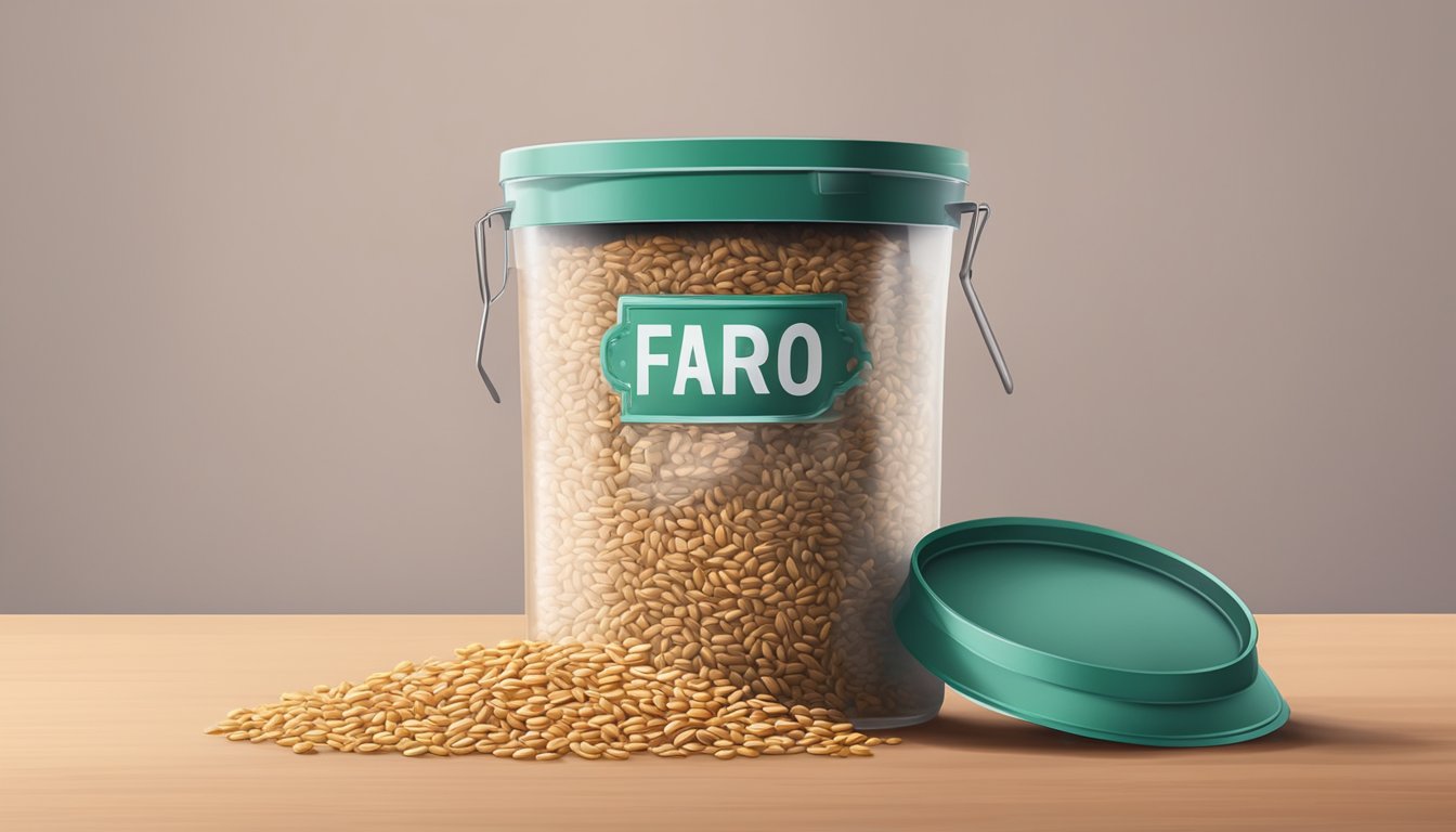 A jar of farro with a best before date and a moldy, spoiled batch of farro in a trash can