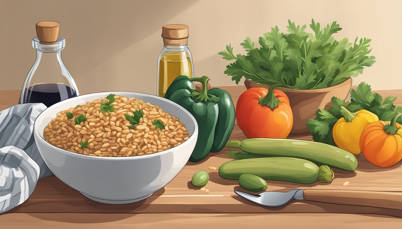 A bowl of farro with a mix of colorful vegetables and herbs, a jar of olive oil, and a wooden spoon on a kitchen counter