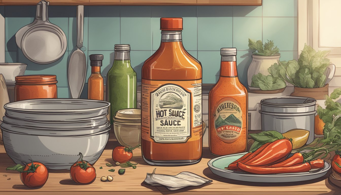 A bottle of hot sauce sits open on a kitchen counter, surrounded by various dishes and ingredients. The label is faded, suggesting it has been used frequently