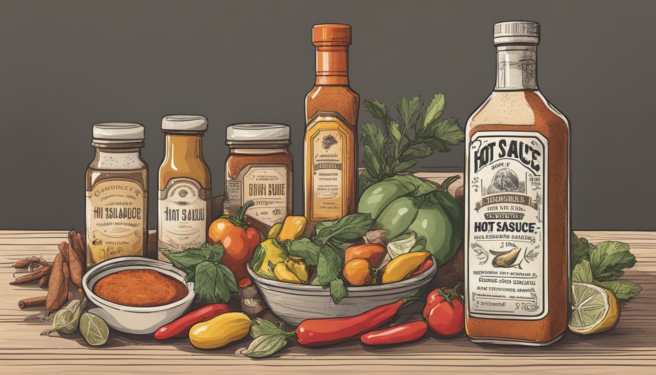 A bottle of hot sauce sits on a kitchen counter, surrounded by various spices and condiments. The label is faded, suggesting it has been there for a long time