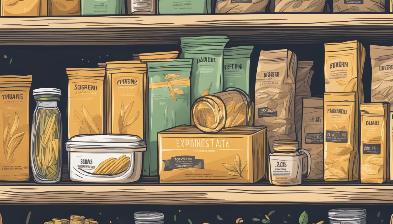 A package of penne pasta sits on a kitchen shelf, surrounded by other dry goods. The expiration date on the package is visible