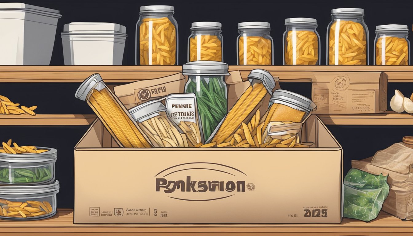 A box of penne pasta sits on a kitchen shelf, surrounded by other dry goods. The expiration date on the box is visible