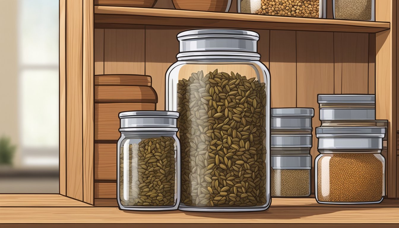 A glass jar filled with caraway seeds sits on a wooden shelf next to a spice rack. The seeds are dry and intact, with no signs of spoilage