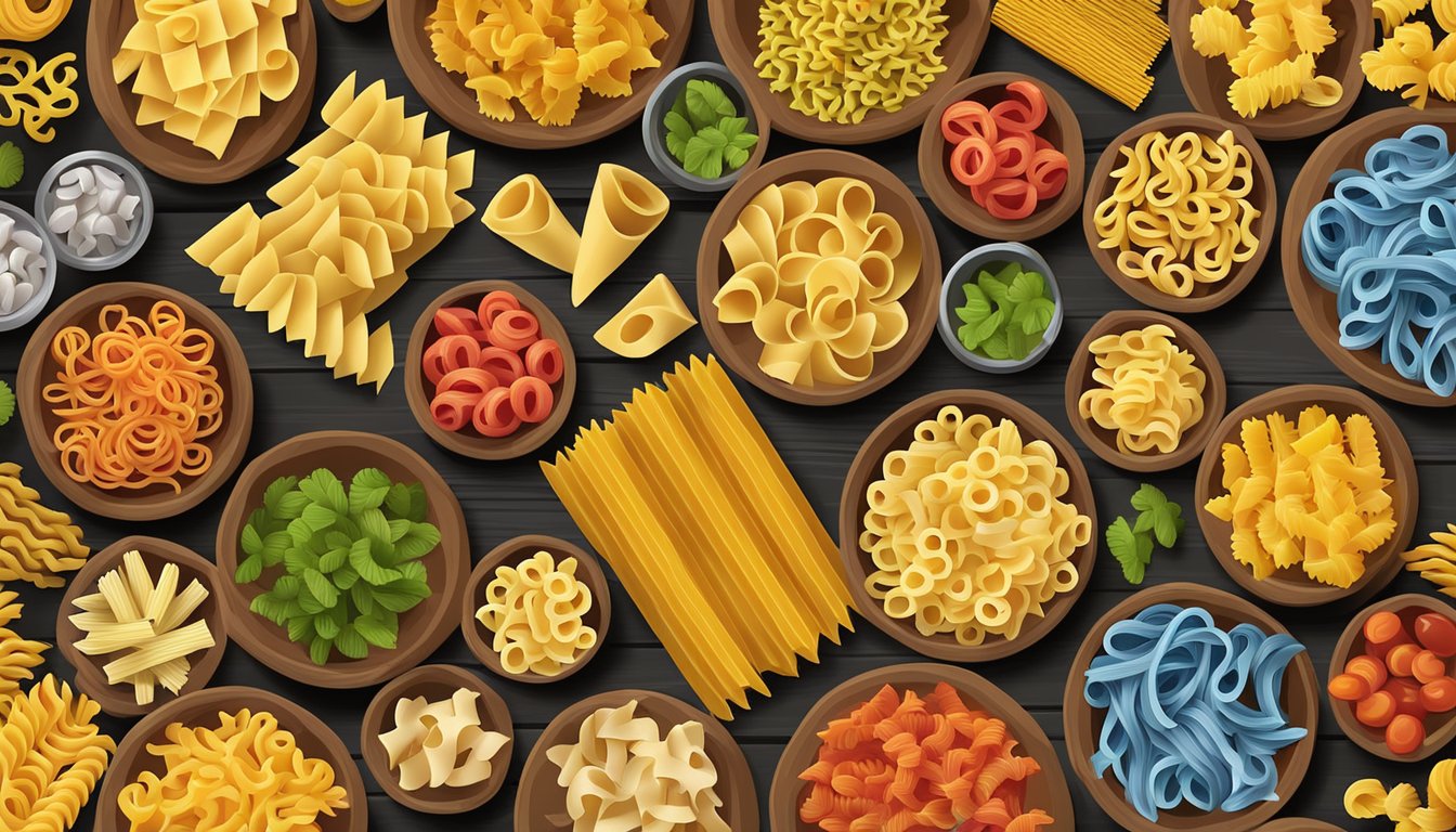 A colorful array of various pasta shapes arranged on a wooden cutting board, including rotini, fusilli, penne, and spaghetti