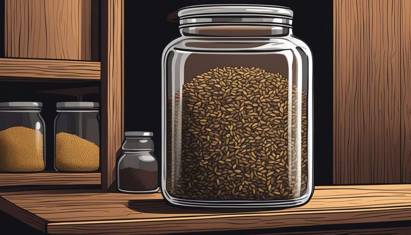 A glass jar filled with caraway seeds sits on a wooden shelf in a cool, dark pantry. The seeds are dry and aromatic, with no signs of spoilage