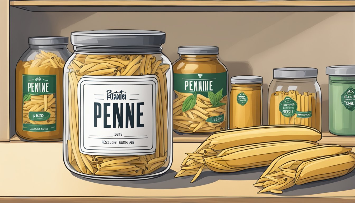 A jar of penne pasta sitting on a shelf with a best-by date label