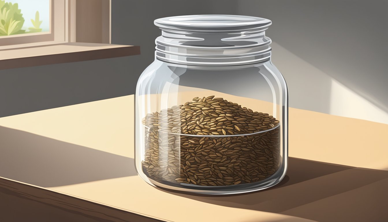 A glass jar filled with caraway seeds sits on a shelf, away from direct sunlight and moisture. The lid is tightly sealed to maintain freshness