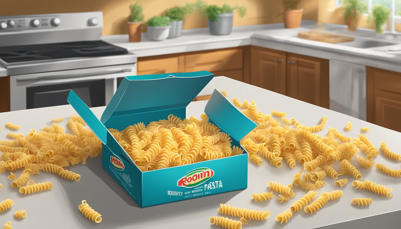 A box of rotini pasta sits open on a kitchen counter, with moldy patches and a musty smell emanating from the contents