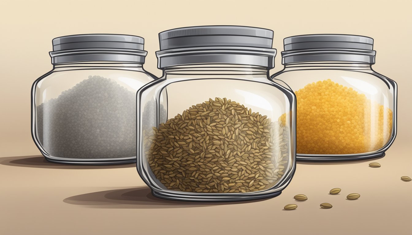 A glass jar filled with caraway seeds on a kitchen shelf, with a label indicating the date of purchase