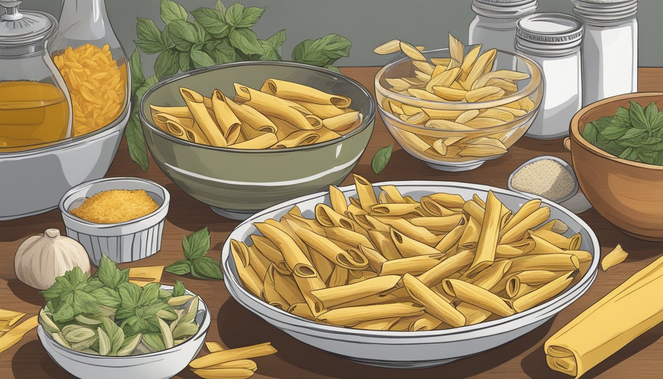 A bowl of penne pasta sits on a kitchen counter, surrounded by open containers of various ingredients. The pasta appears to be slightly dried out and discolored