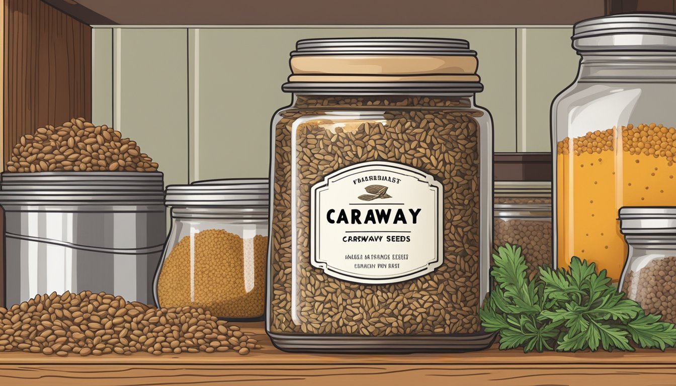 A small jar of caraway seeds sits on a pantry shelf next to other spices and herbs. The label indicates the purchase date, and the jar is tightly sealed to maintain freshness