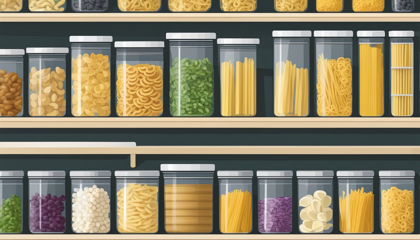 A pantry shelf with labeled pasta containers, airtight lids, and a cool, dry environment to prevent rotini from expiring