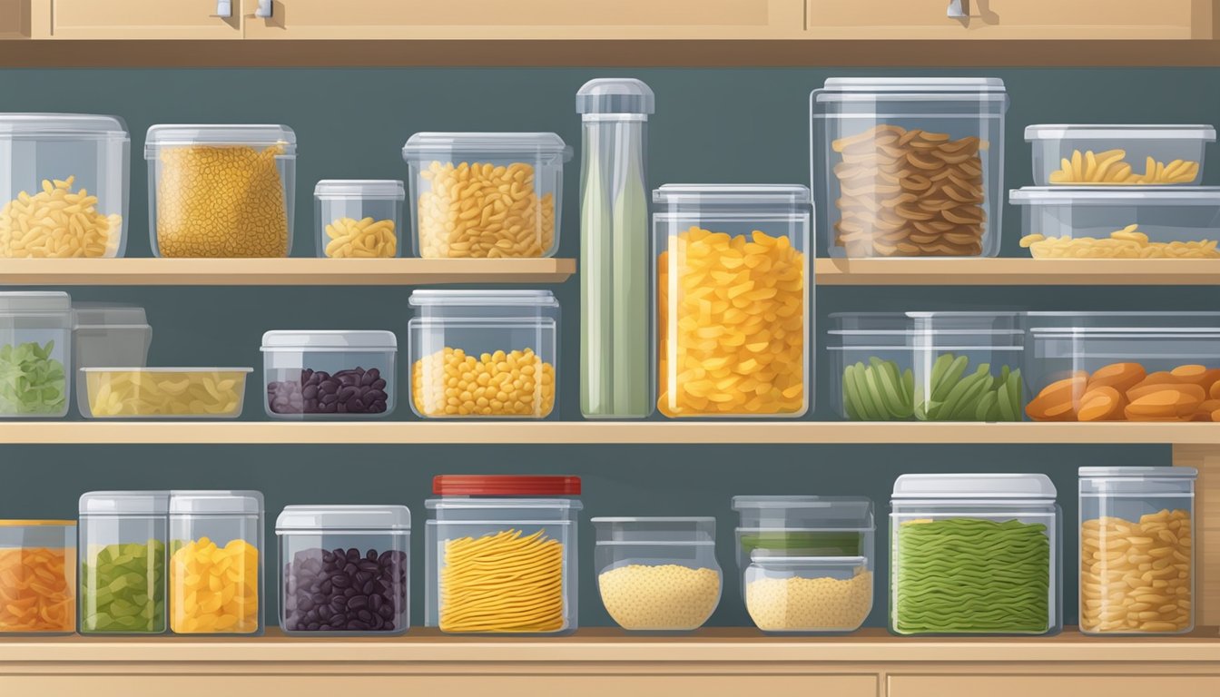 A tightly sealed container of rotini sits on a shelf, surrounded by various storage options such as a pantry, refrigerator, and freezer