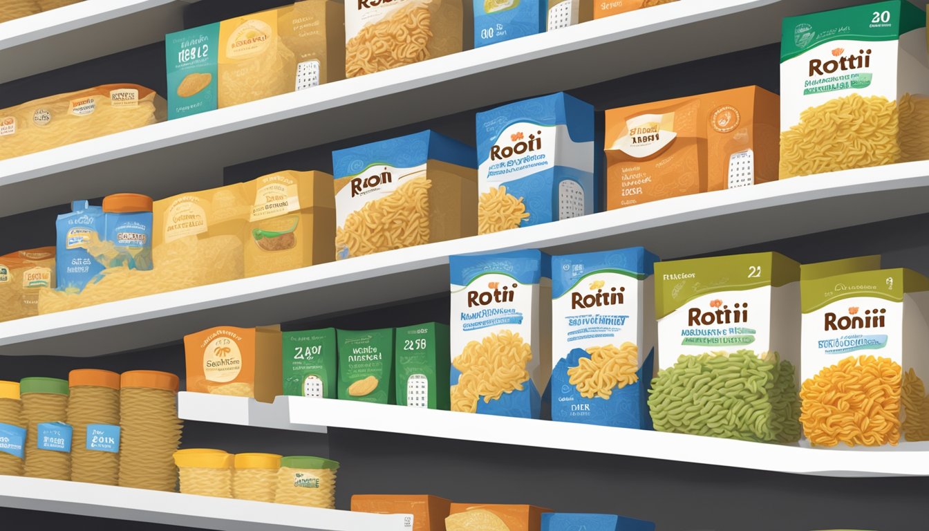 A shelf with a variety of packaged rotini pasta, a calendar showing the date, and a nutrition label with expiration date