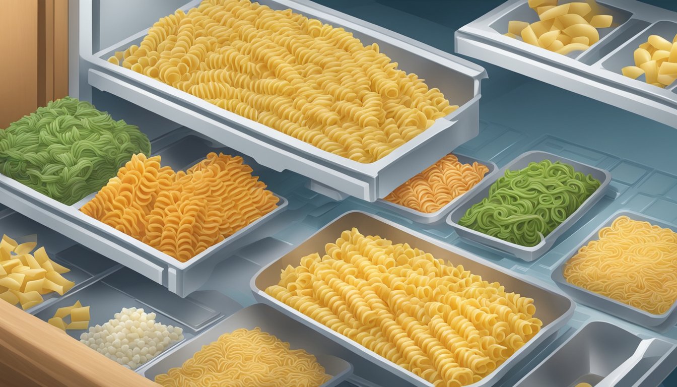 A bag of rotini pasta being placed into a freezer, surrounded by other frozen food items