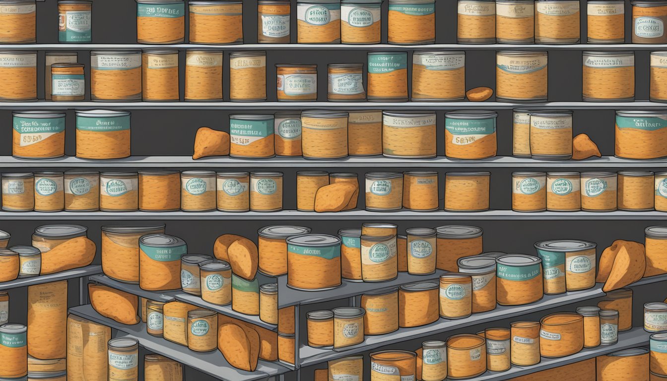 A pantry shelf with a row of canned sweet potatoes, some with expiration dates visible